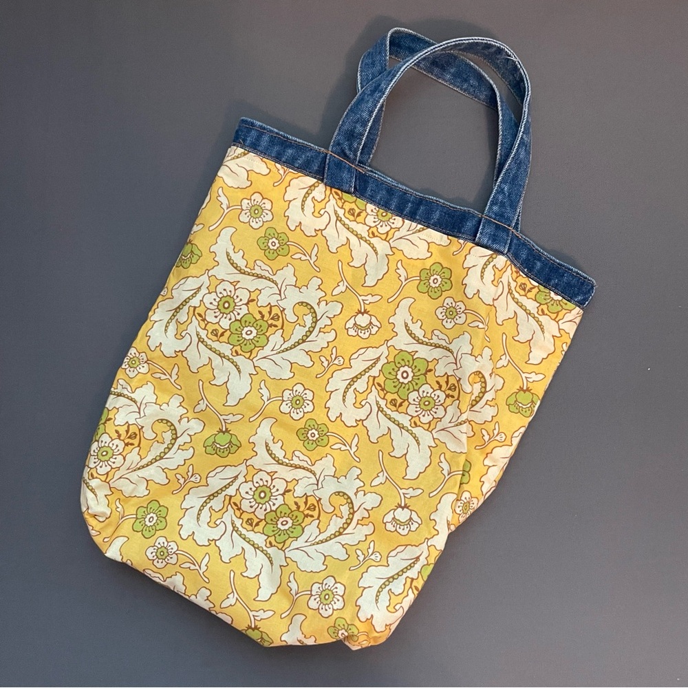 Handmade Floral Yellow Tote Bag with Denim Accents
